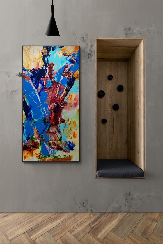 Abstract painting - "Chinese dragon" - Abstraction - Geometric - Space abstract - Big painting - Bright abstract - Blue&Yellow - Red&Orange