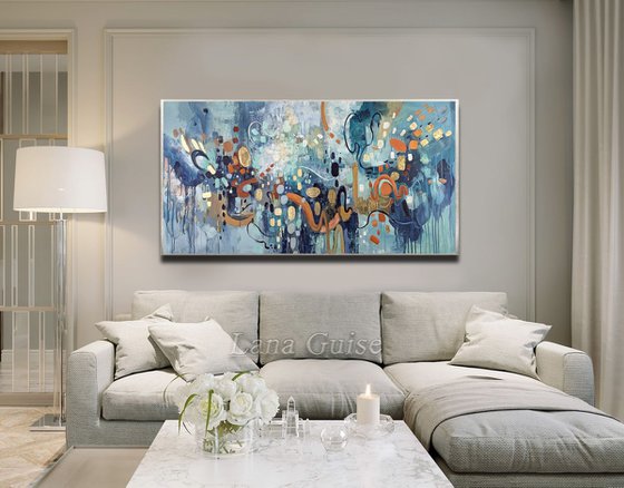 Finding Daylight - Abstract Painting 60" x 30" Large Abstract Gold Leaf Soft Colors White Gray Painting