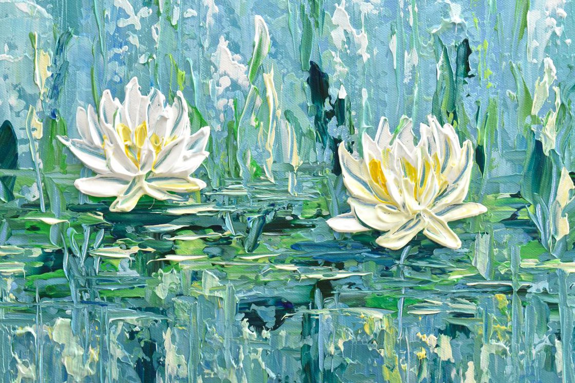 Blue Waterlily Pond On Canvas Board - Water Lilies 5x7 inches Painting by  Vics Art