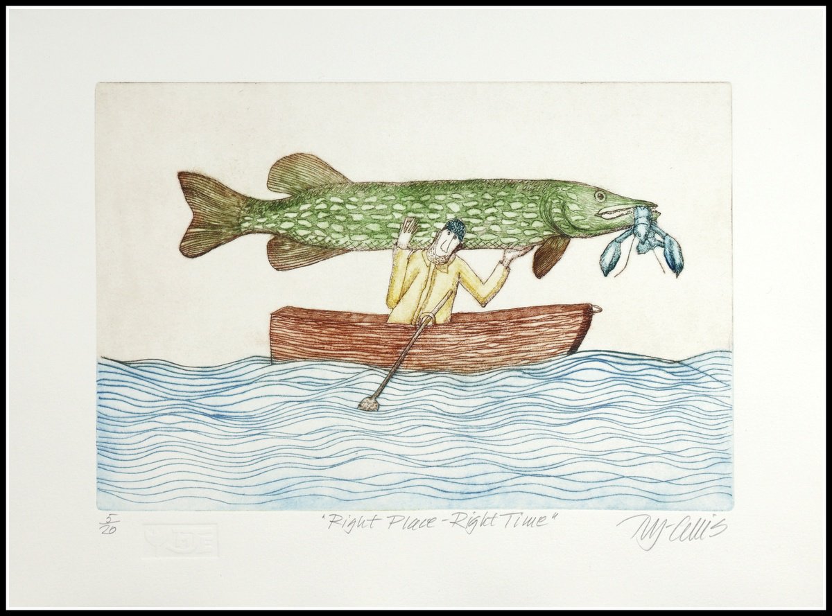 Illustrative Landscape Etchings & Engravings By Mariann Johansen-Ellis, 18 X 13", Right Place Right Time, Original Artwork