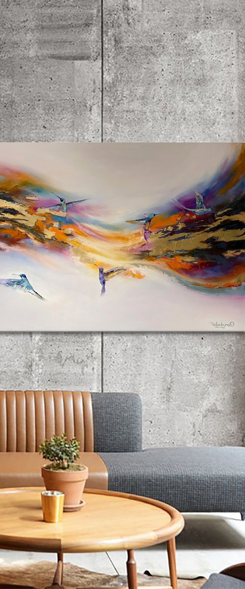 Hummingbird flying. Original abstract painting by Mary Voloshyna