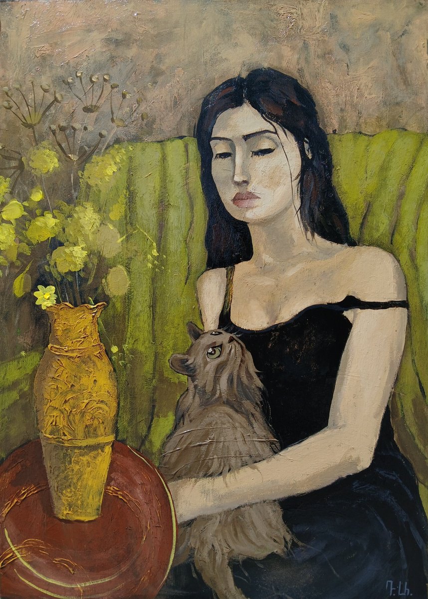Impressionistic Portrait Acrylic Painting By Davit Arstamyan, 20 X 28, Her Quiet Companion, Original Artwork