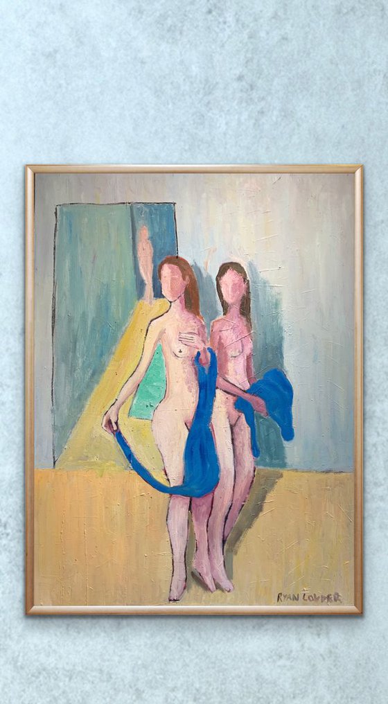 Three Nude Women and Two Blue Towels