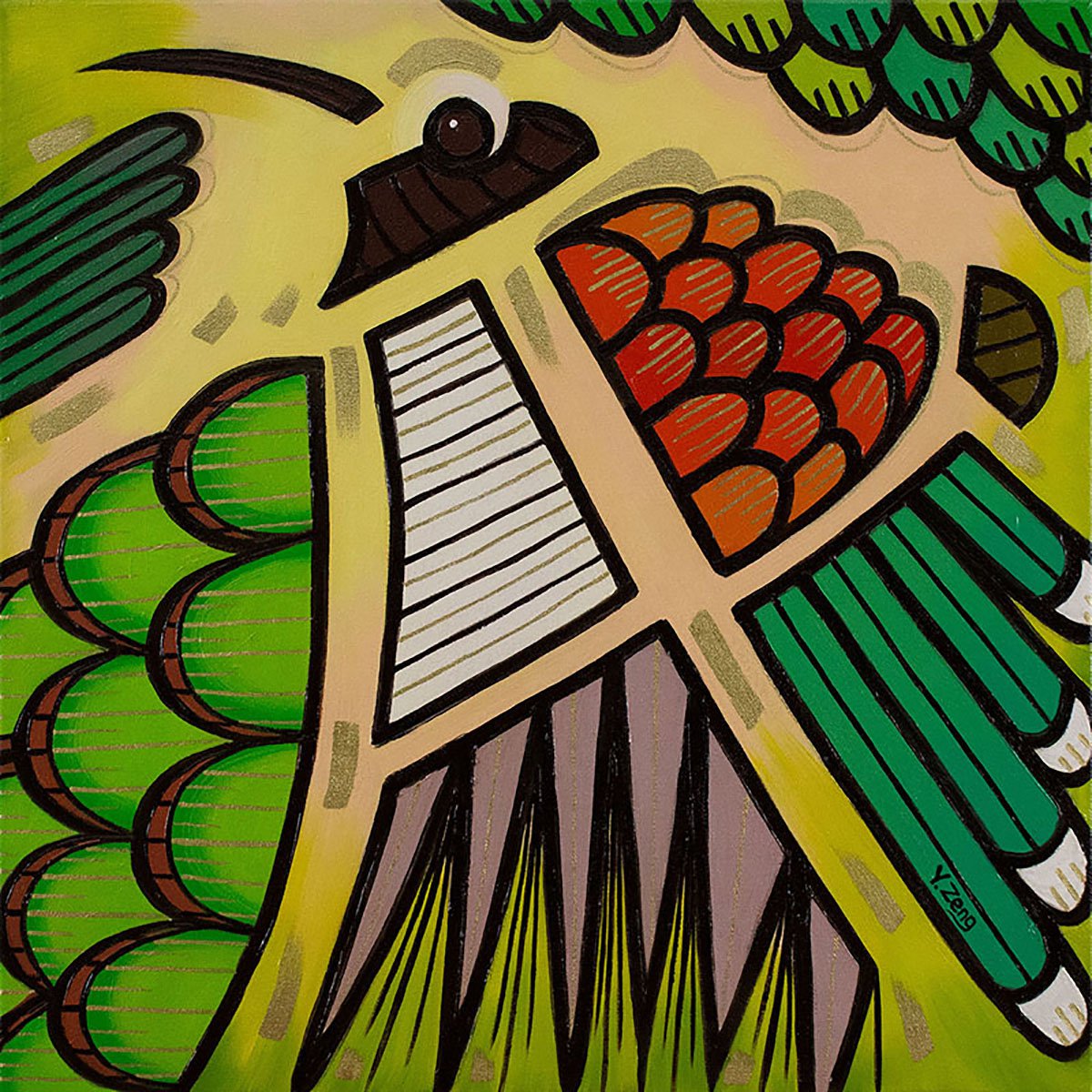 Organic Abstract Oil Painting By Yue Zeng, 20 X 20", Backyard Birds Hummingbird, Original Artwork