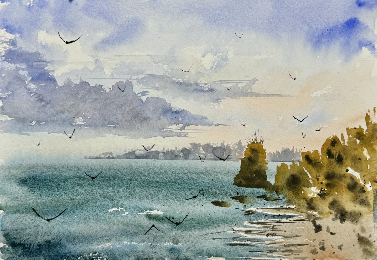 Impressionistic Watercolour , Etude Seascape With Seagulls By Yuliia Sharapova, 16 X 12, Artwork For Sale On Artfinder