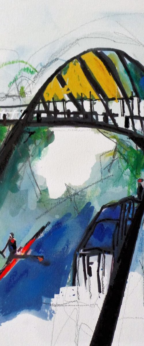 Cycle Bridge : an Impressionistic Abstract Landscape Study with Rower and Canal Boat by Irene Wilkes