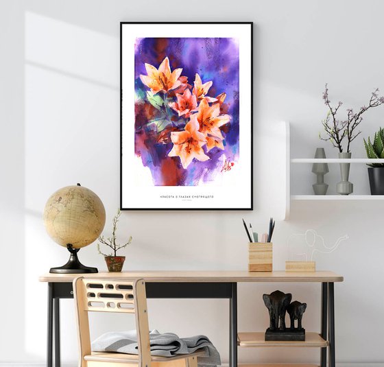 "Dance of the Lilies" - flowers on a contrasting background bright watercolor original artwork