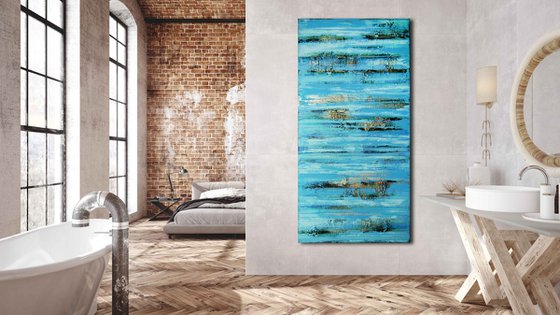 NIAGARA * 63" x 31.5" * TEXTURED ACRYLIC PAINTING ON CANVAS * TURQUOISE GOLD
