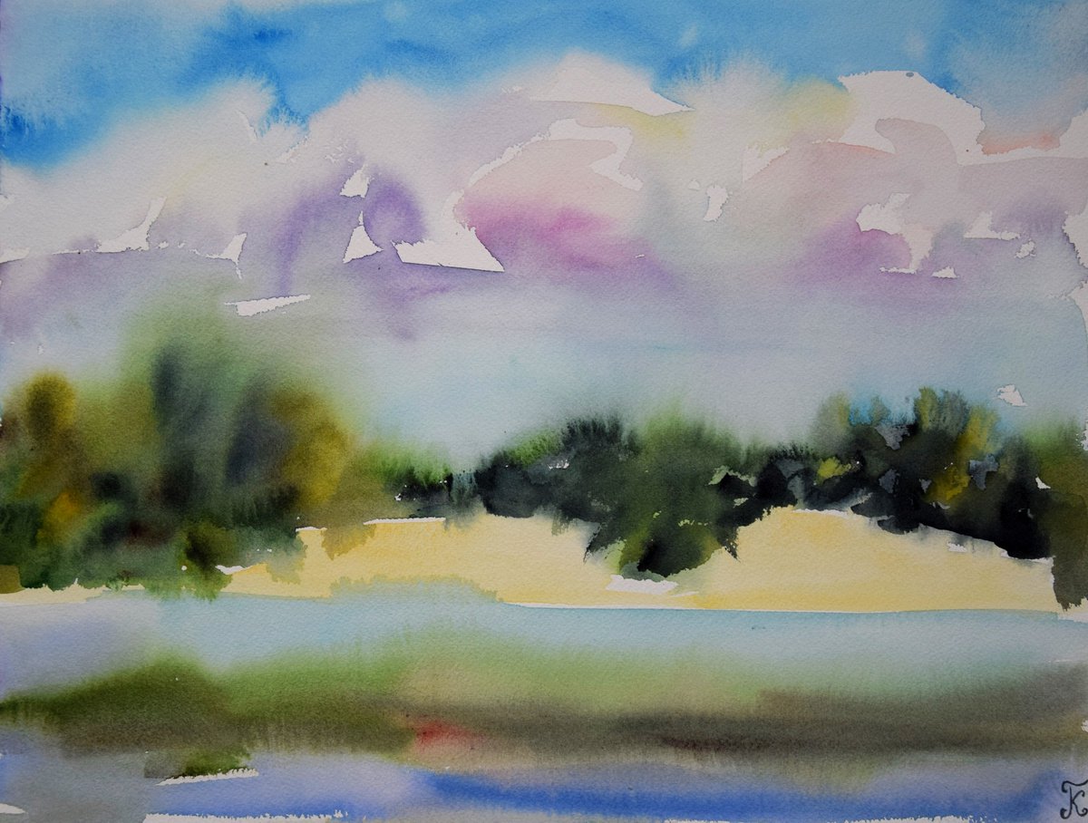Lake Original Watercolour Painting, Landscape Wall Art, Living Room Art by Kate Grishakova