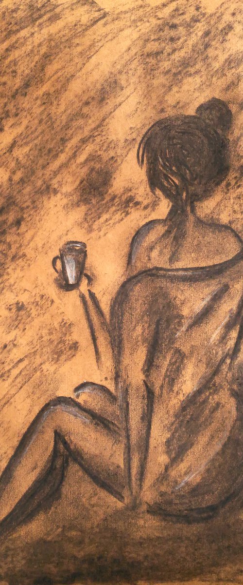 Coffee Time Painting Woman Original Art Morning Coffee Charcoal Drawing Artwork People Home Wall Art 12 by 17" by Halyna Kirichenko by Halyna Kirichenko