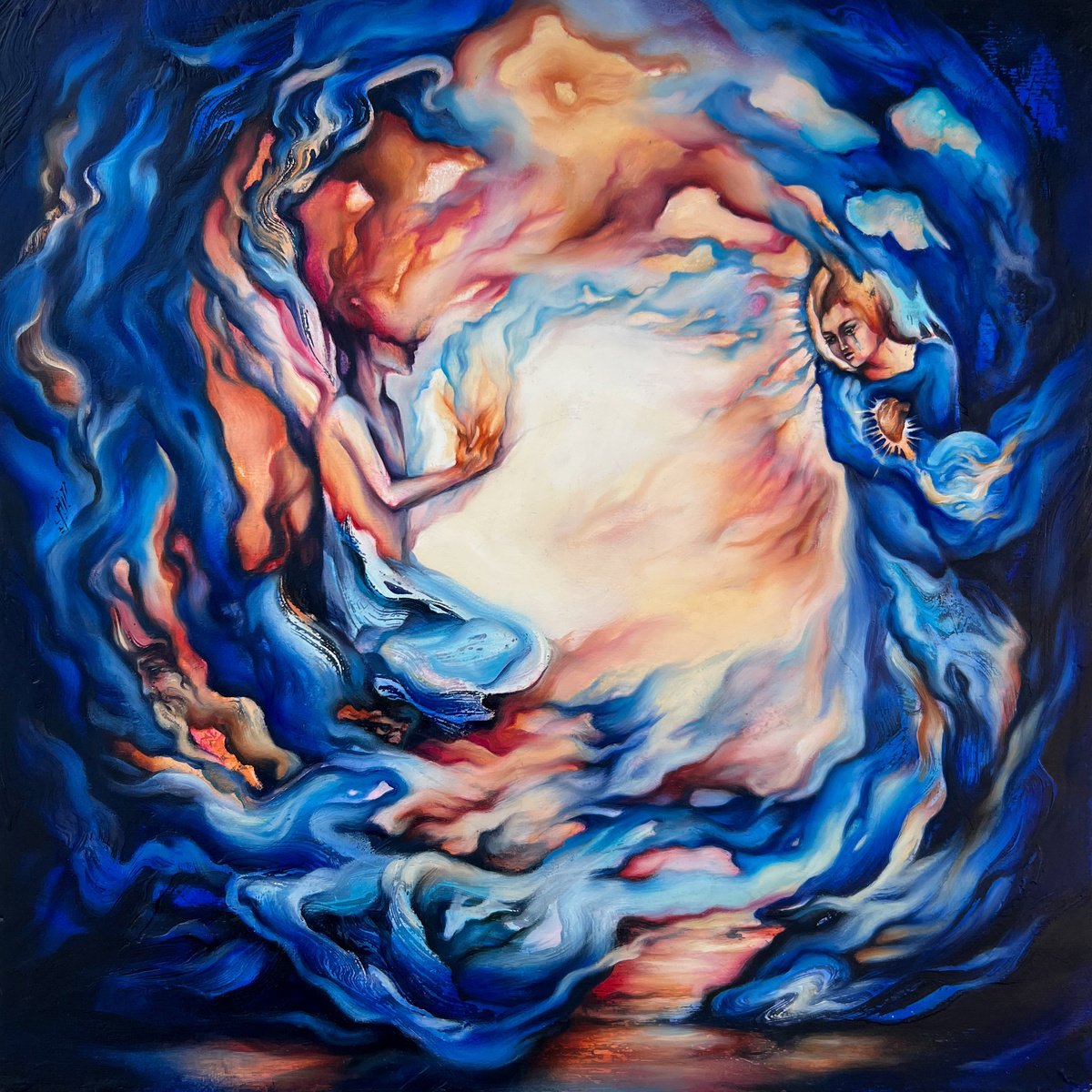 Abstract Portrait Oil Painting By Marjan Fahimi, 20 X 20", Annunciazione, Original Artwork