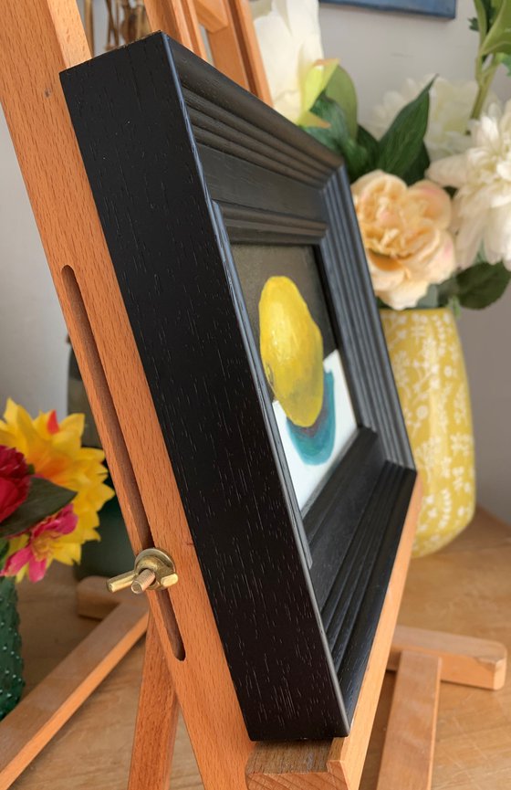 Lemon Still Life original oil realism painting, with wooden frame.