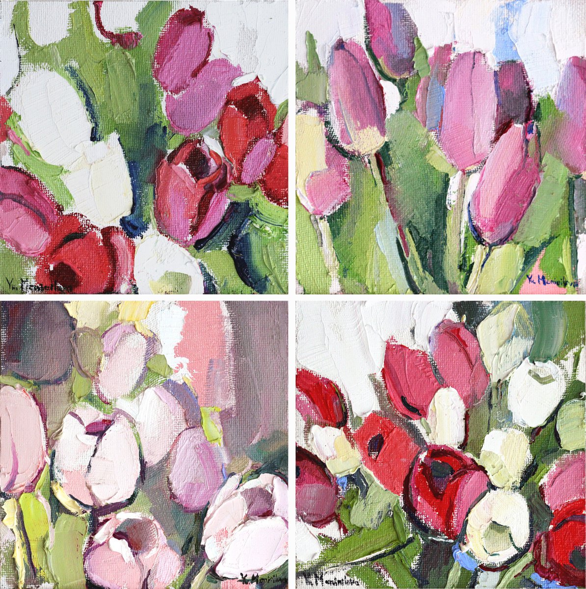 Tulips - Pink flowers - Square miniature - Gift idea - Polyptych painting by Yuliia Meniailova