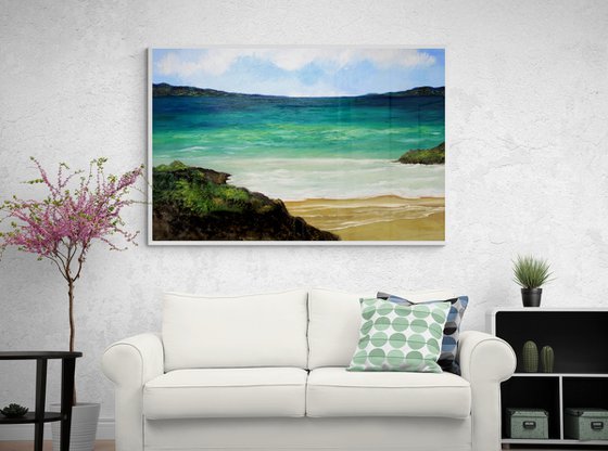 Seascape panorama warm bay. EXTRA LARGE OIL PAINTING