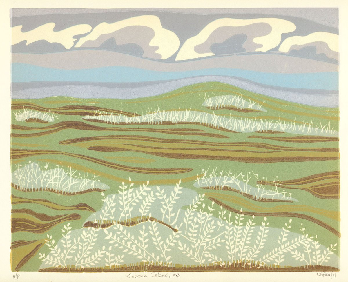 Landscape Linocut By Kate Goetz, 13 X 11", Kinbrook Island, Original Artwork