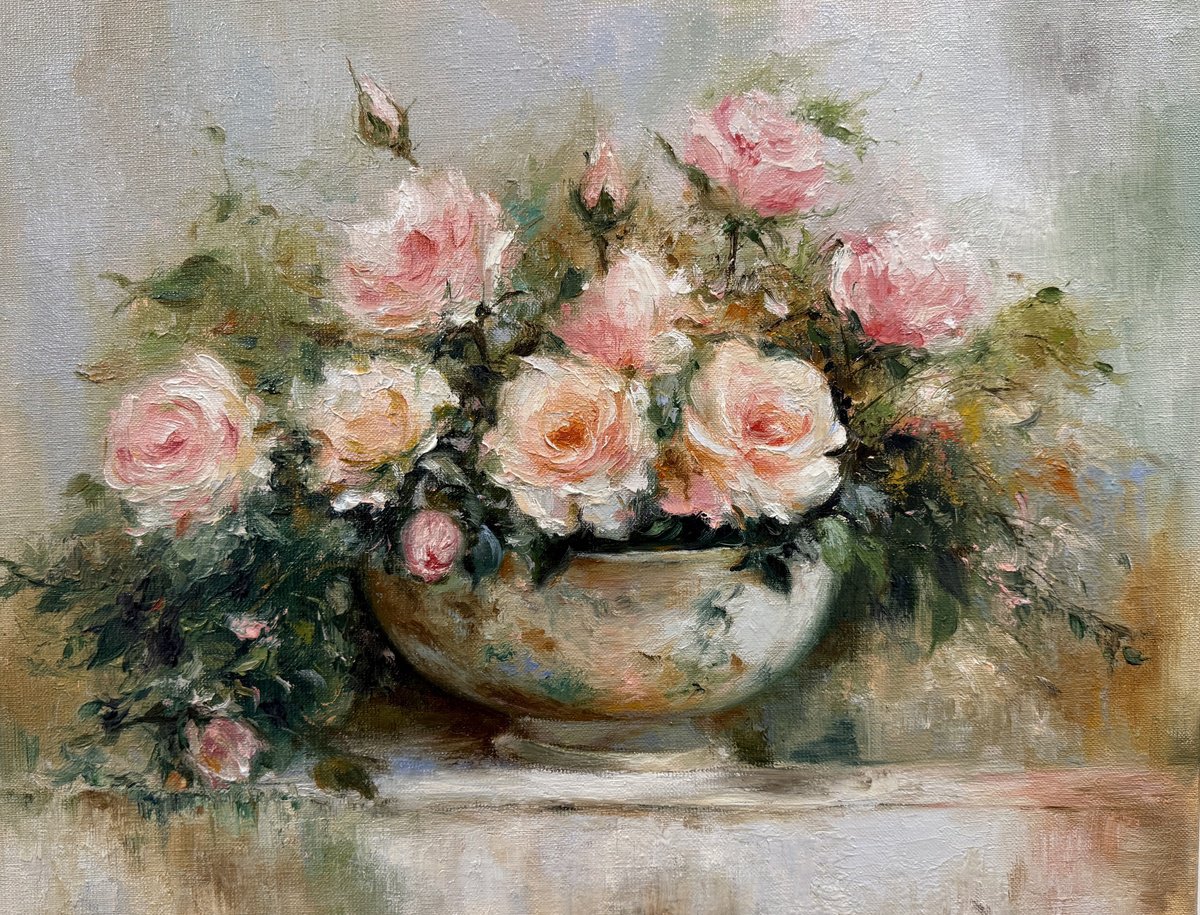 Impressionistic Botanical Oil Painting By Farzaneh Maddahi, 1 X 1, Blush Roses In Bloom, Original Artwork