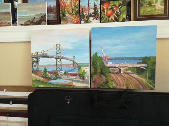 Bridges series #2, original, one of a kind acrylic on gallery-wrapped canvas impressionistic style urban landscape