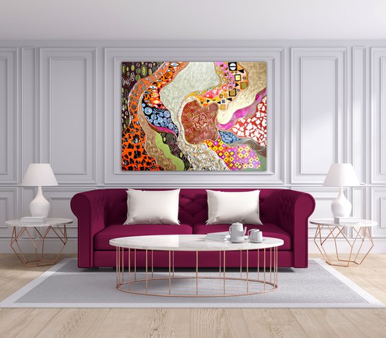 Klimt's dreams about Adele. Large abstract painting - Golden orange pink art