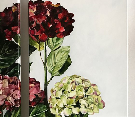 Triptych oil painting "Clouds of hydrangeas" 140 * 70 cm