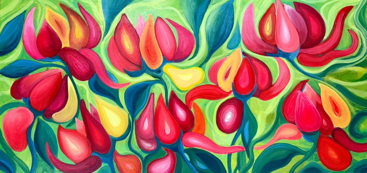 Expressive Botanical Acrylic Painting By Emma Sian Pritchard, 42 X 20, Flourish Of The Goddess, Original Artwork