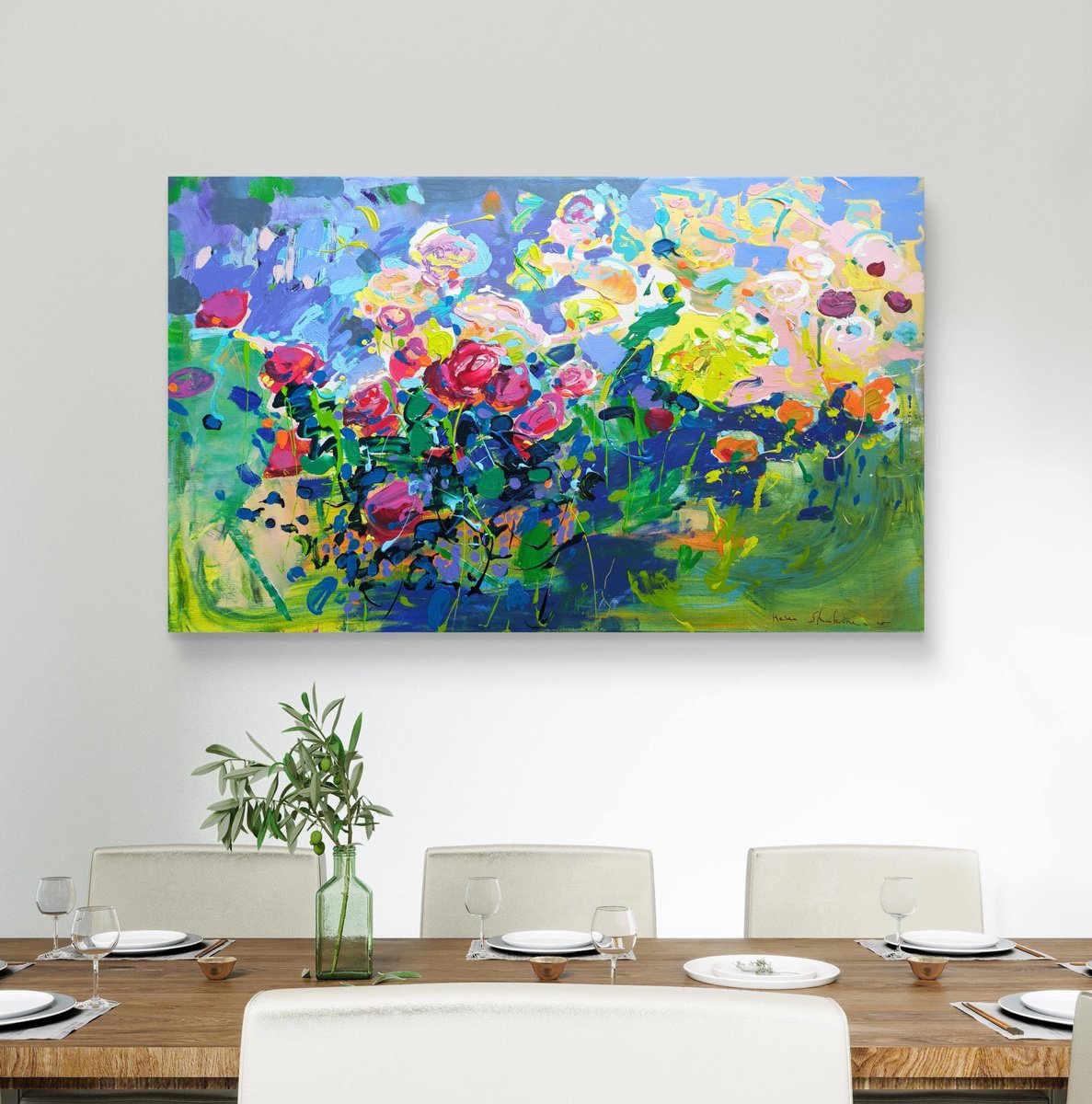 Expressive Botanical Acrylic Painting By Helen Shukina, 39 X 24, In The Heart Of The Garden, Original Artwork