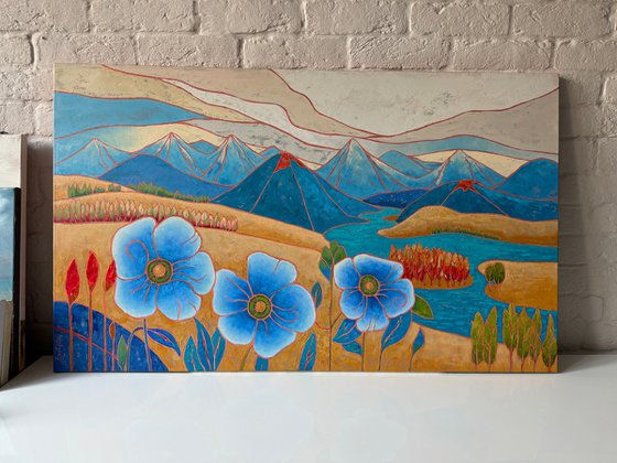 Blue poppies and mountain