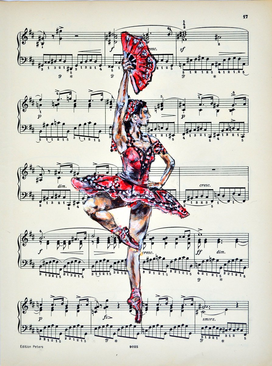 Expressive Portrait Collage By Misty Lady - M. Nierobisz, 8 X 12", Ballerina Xxxix- Music Page, Original Artwork