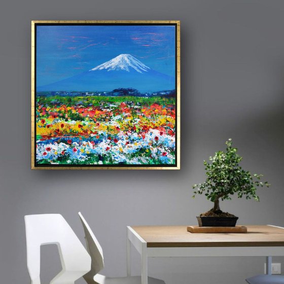 Fuji Mountain in Japan Acrylic Painting on Canvas, Spring Blossom Landscape Painting, Japanese Scenery, Flowers and Floral Painting, Japan Landscape