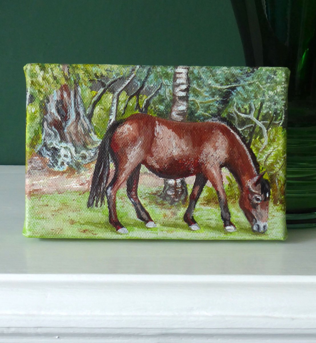 Impressionistic Landscape Acrylic Painting By Jacqueline Talbot, 6 X 4, New Forest Pony, Bolderwood 1, Original Artwork
