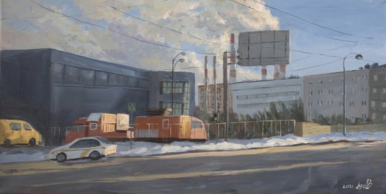 FACTORY CLOUDS – original painting cold palette realistic style urban cityscape