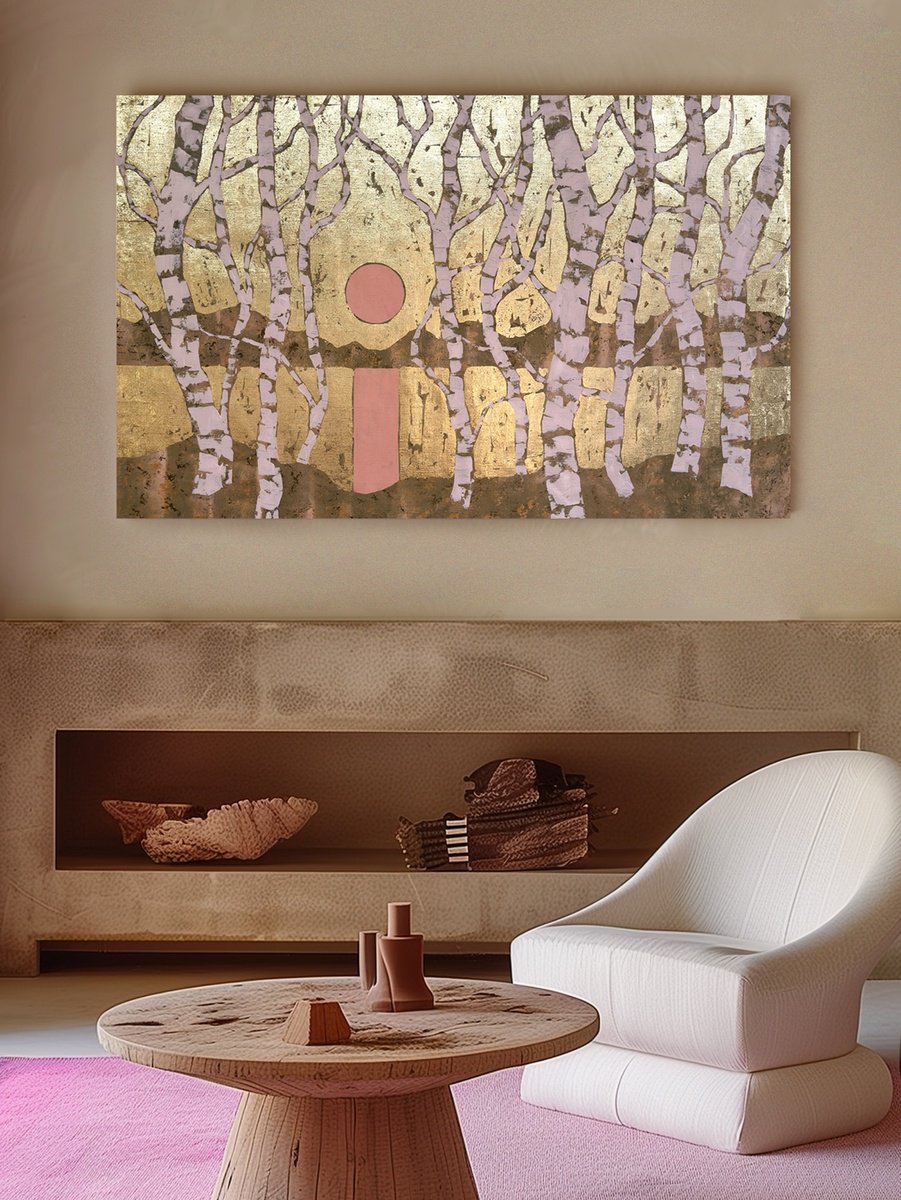 Illustrative Acrylic Painting , Golden Pink Sunset By Ekaterina Prisich, 59 X 35, Artwork For Sale On Artfinder