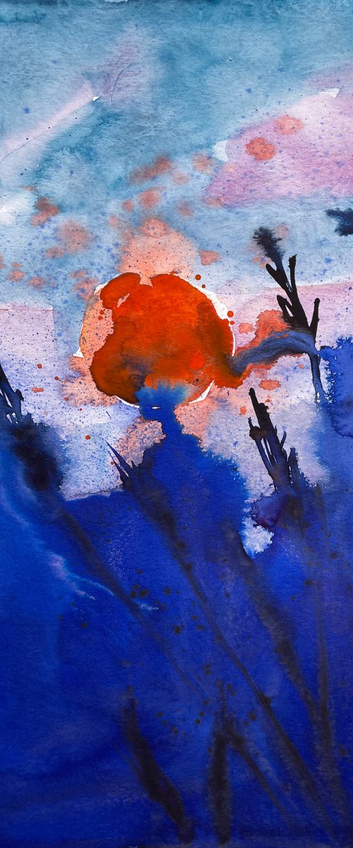 Abstract Watercolor Painting Original, Red Sun Original Artwork, Bright Wall Art by Kate Grishakova