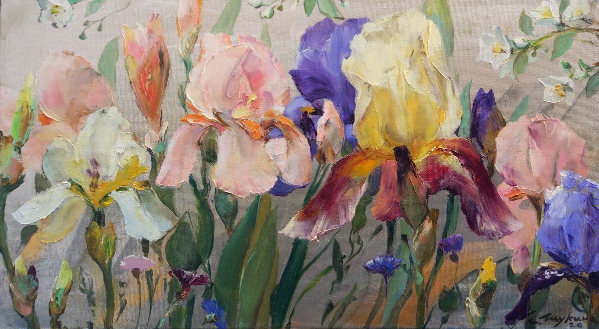 Irises and silver. Original oil painting by Helen Shukina
