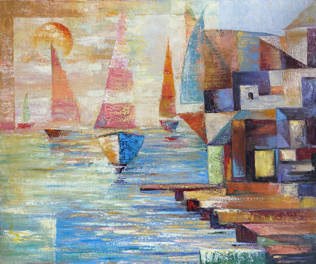 Abstract Landscape Oil Painting By Arto Mkrtchyan, 24 X 20, Sunset Sails, Original Artwork