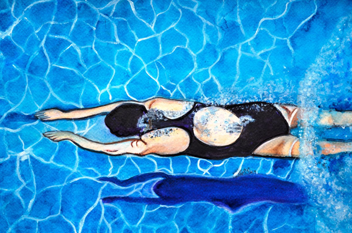 Summer fun Underwater swimming women painting Mixed media painting