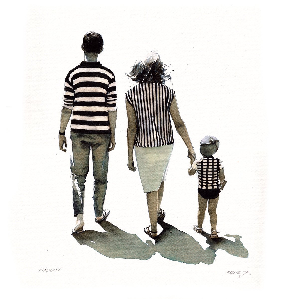 Impressionistic Portrait Watercolour By Reme Jr., 13 X 13", Walking Family, Original Artwork