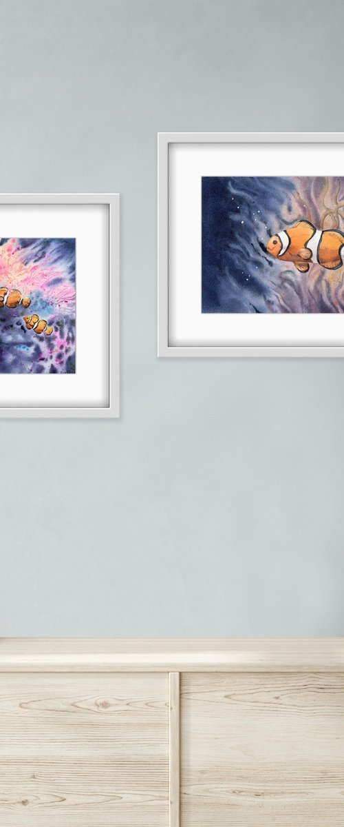 Set of two watercolor artworks. Underwater life of the coral reef. Fish Nemo and moray eels undersea. by Evgeniya Mokeeva