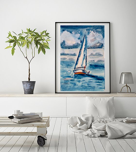 yacht sailing original watercolor painting impressionistic artwork"Between the ground and sky"