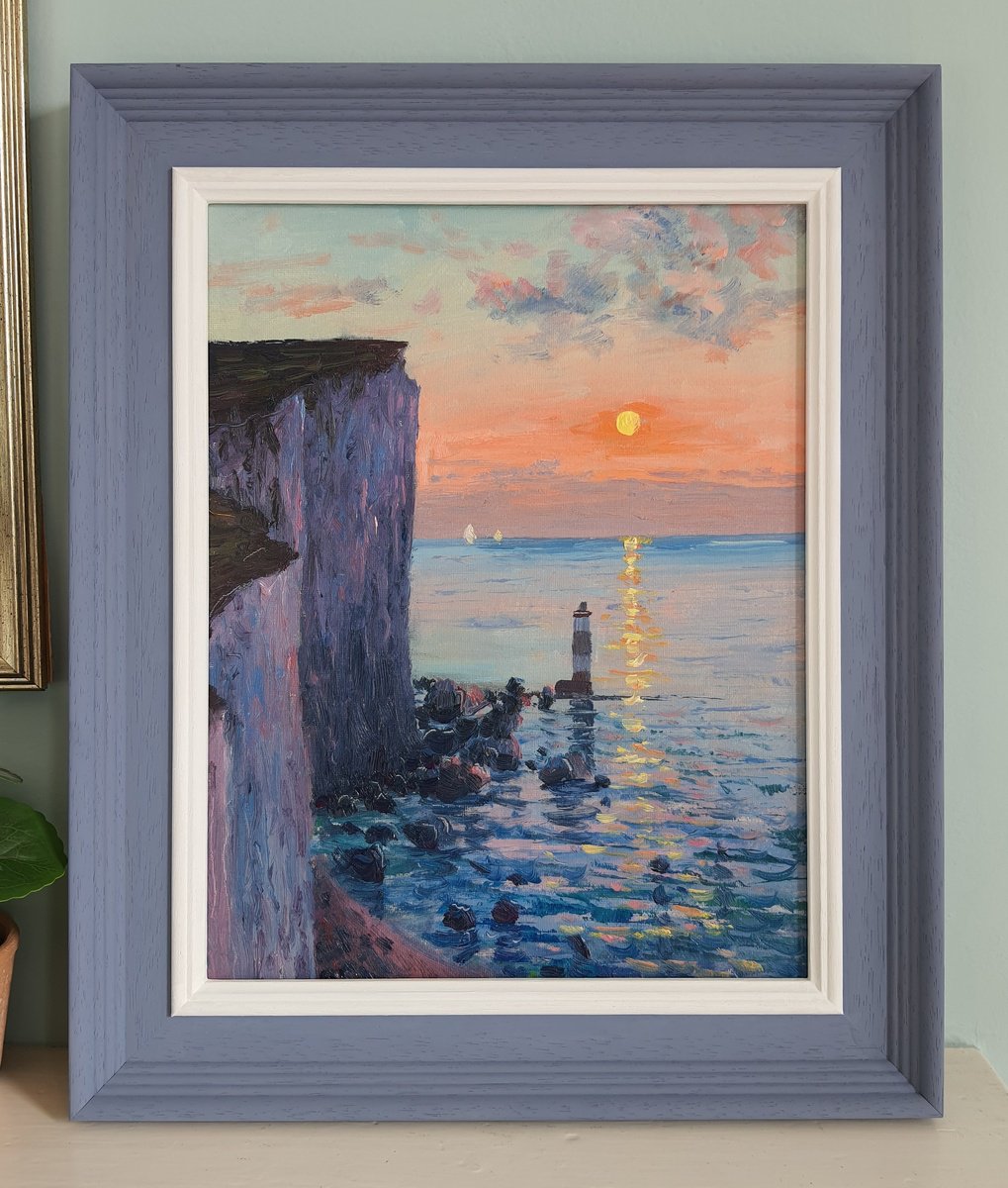 Impressionistic Landscape Oil Painting By Roberto Ponte, 15 X 18", Beachy Head Lighthouse E. Sussex, Original Artwork