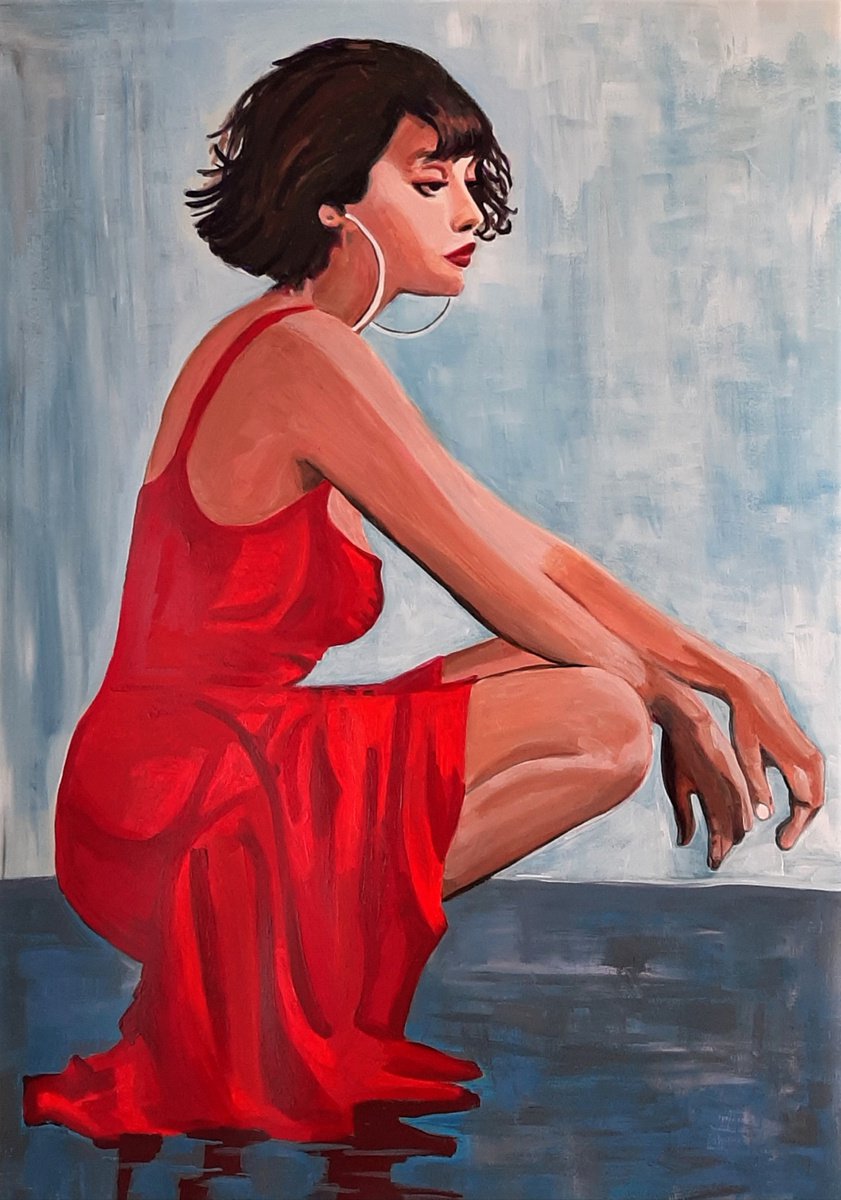 Photorealistic Portrait Acrylic Painting By Alexandra Djokic, 28 X 39, Woman In Red, Original Artwork