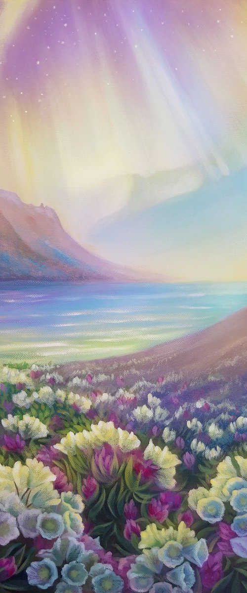 "Serenity", landscape flowers art, aurora lights painting by Anna Steshenko