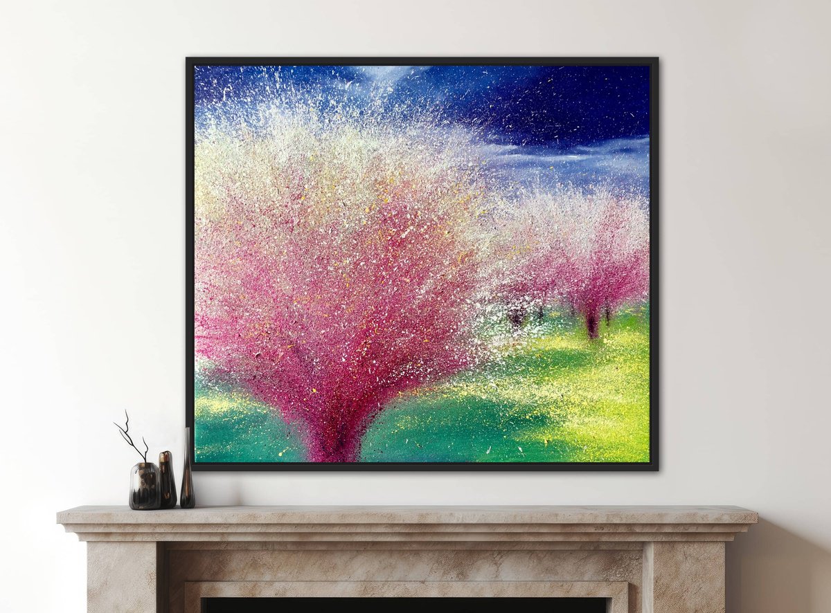Impressionistic Botanical Oil Painting By Volodymyr Smoliak, 31 X 28", Pink Blossom. Spring, Original Artwork