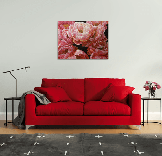 Red peonies on dark background