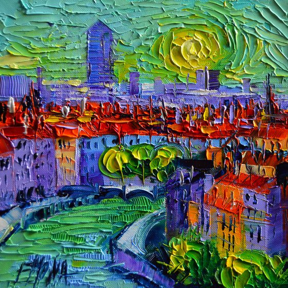 LYON AT SUNRISE - contemporary impressionist palette knife oil painting