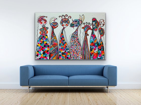 78''x 50''(200x125cm), Friends 45, blue, pink, red, orange, green black, land earth colors canvas art  - xxxl art - abstract art painting- extra large art