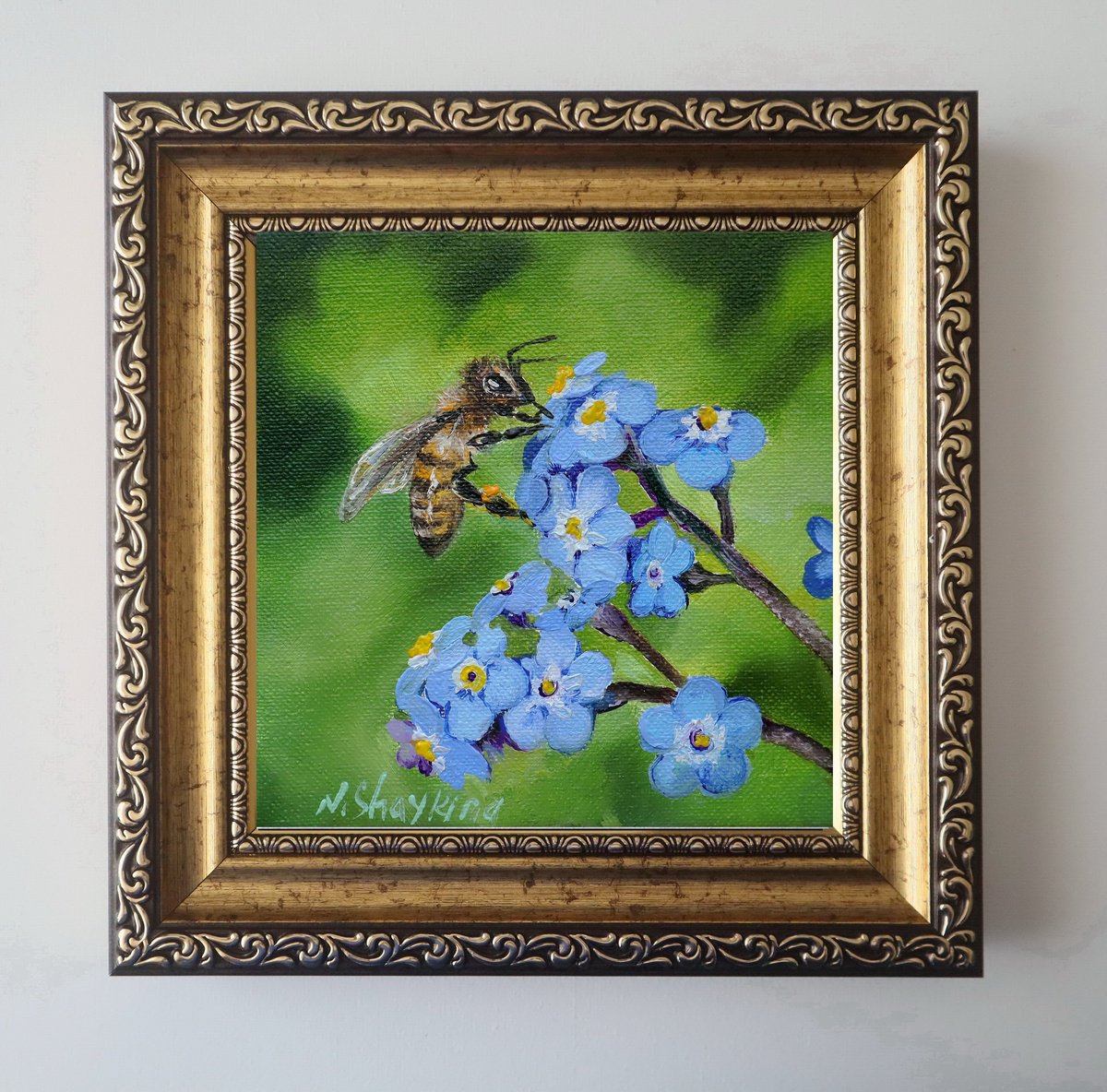 Photorealistic Animal Oil Painting By Natalia Shaykina, 8 X 8", Tiny Bee On Forget-Me-Nots, Original Artwork