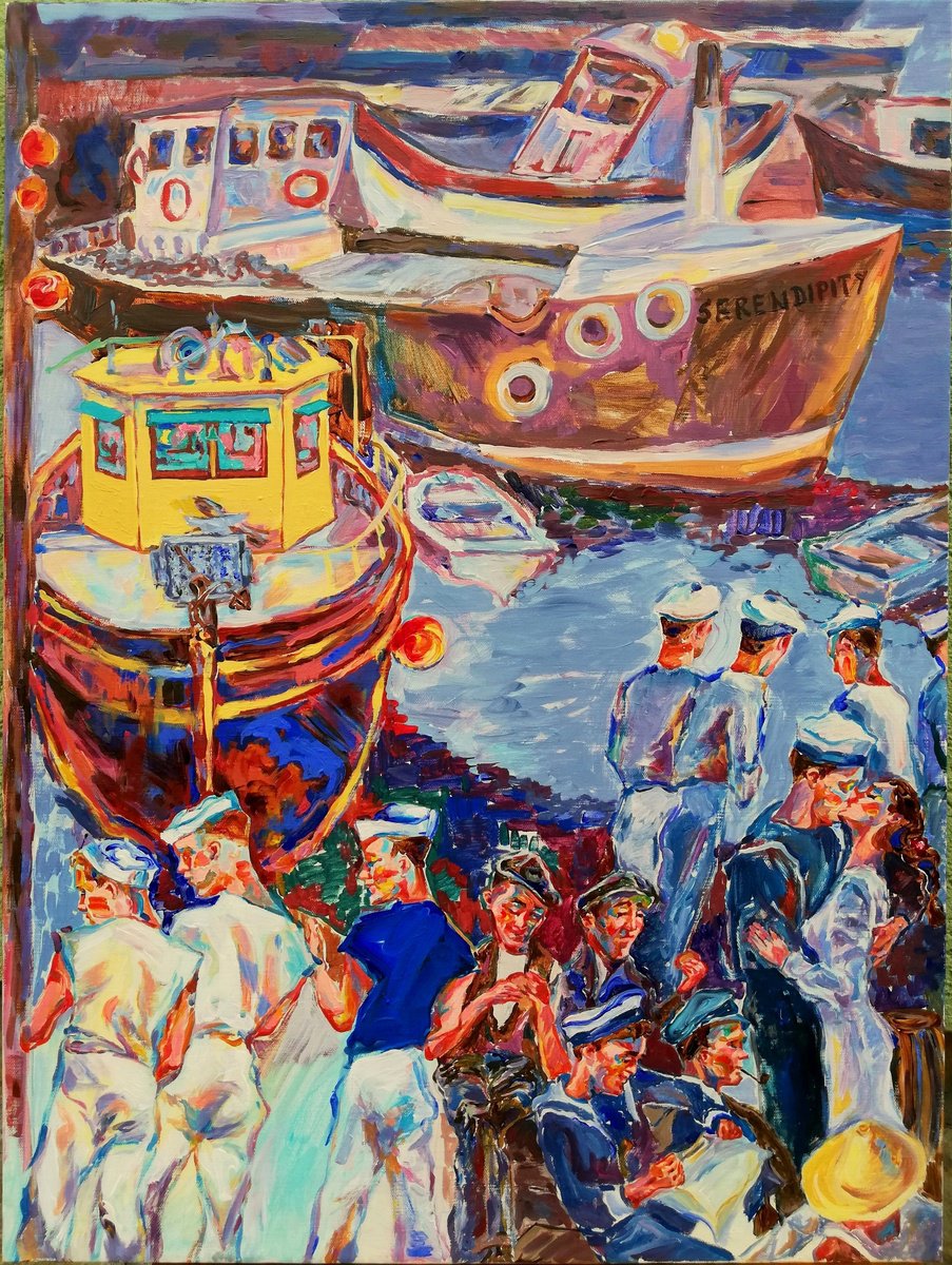 Impressionistic Landscape Acrylic Painting By Jelena Djokic, 24 X 31, Harbor Life, Original Artwork