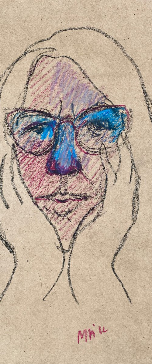 PASTEL PORTRAIT #2 - expressive face drawing, crimson & blue art by Irene Makarova
