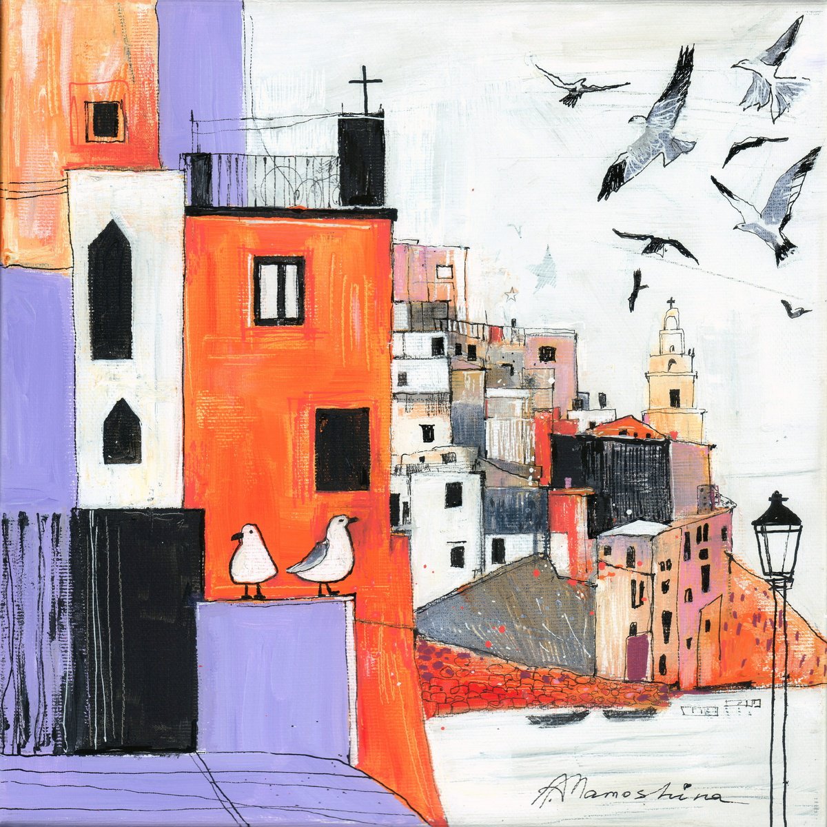 Naive Animal Acrylic Painting By Anastasia Mamoshina, 12 X 12, City Of Seagulls, Original Artwork