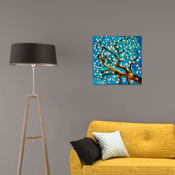 Almond blossom on turquoise inspired by Vincent Van Gogh oil painting ready to hang